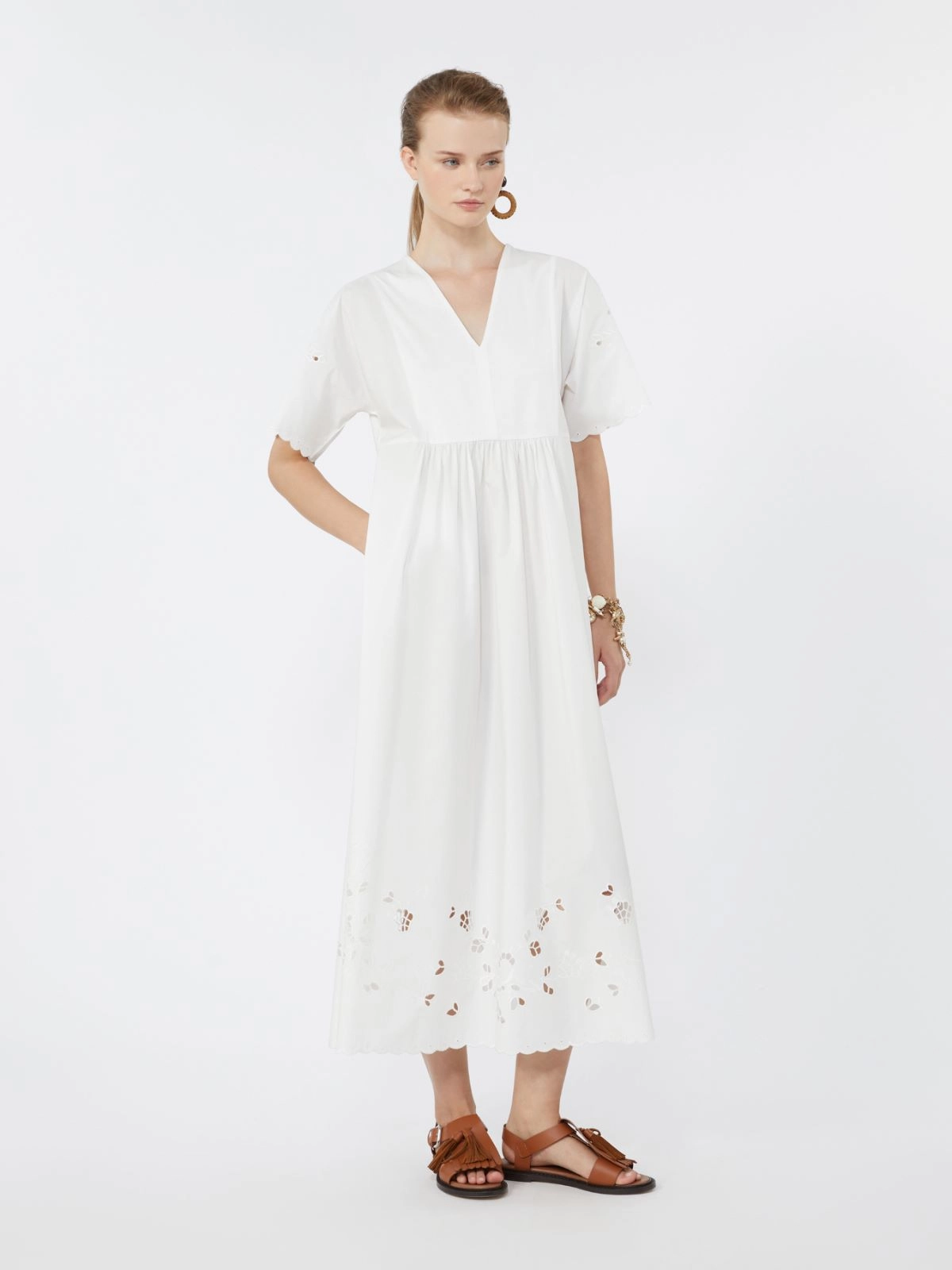 V-Neck Midi Dress with Eyelet Embroidery