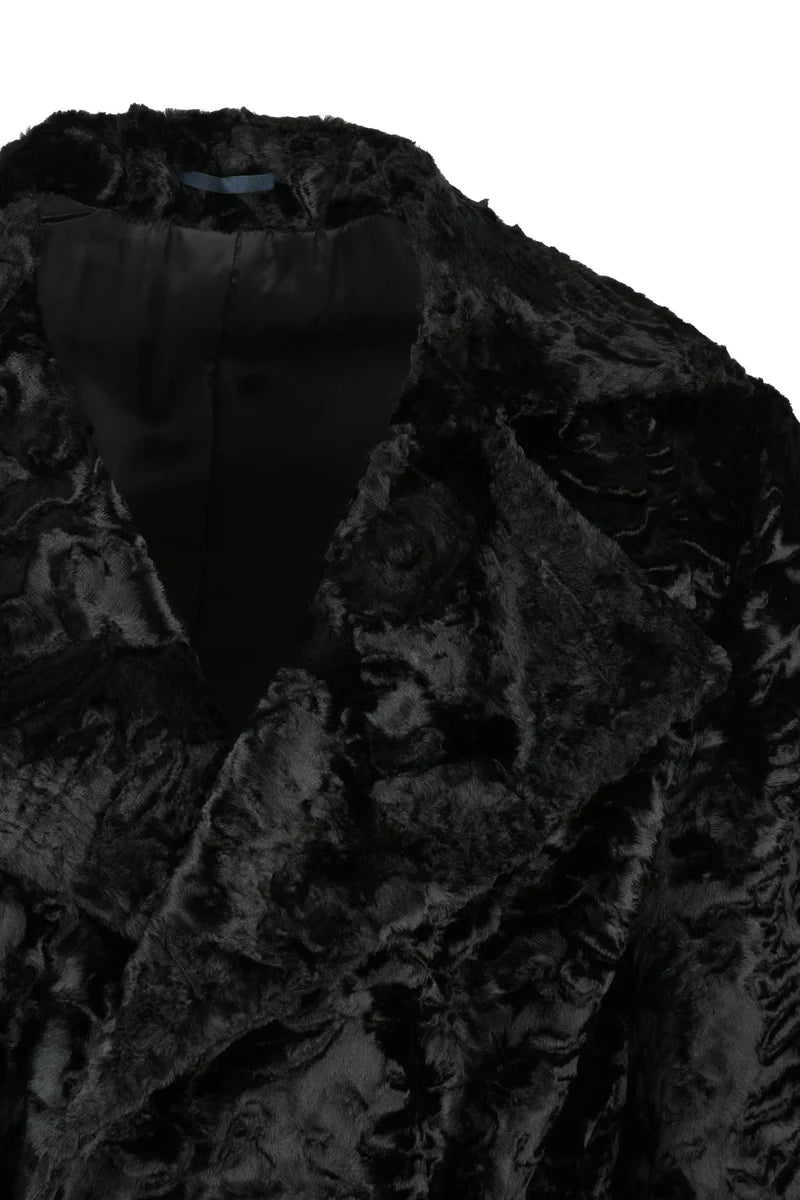 Double-Breasted Faux Fur Coat - Black