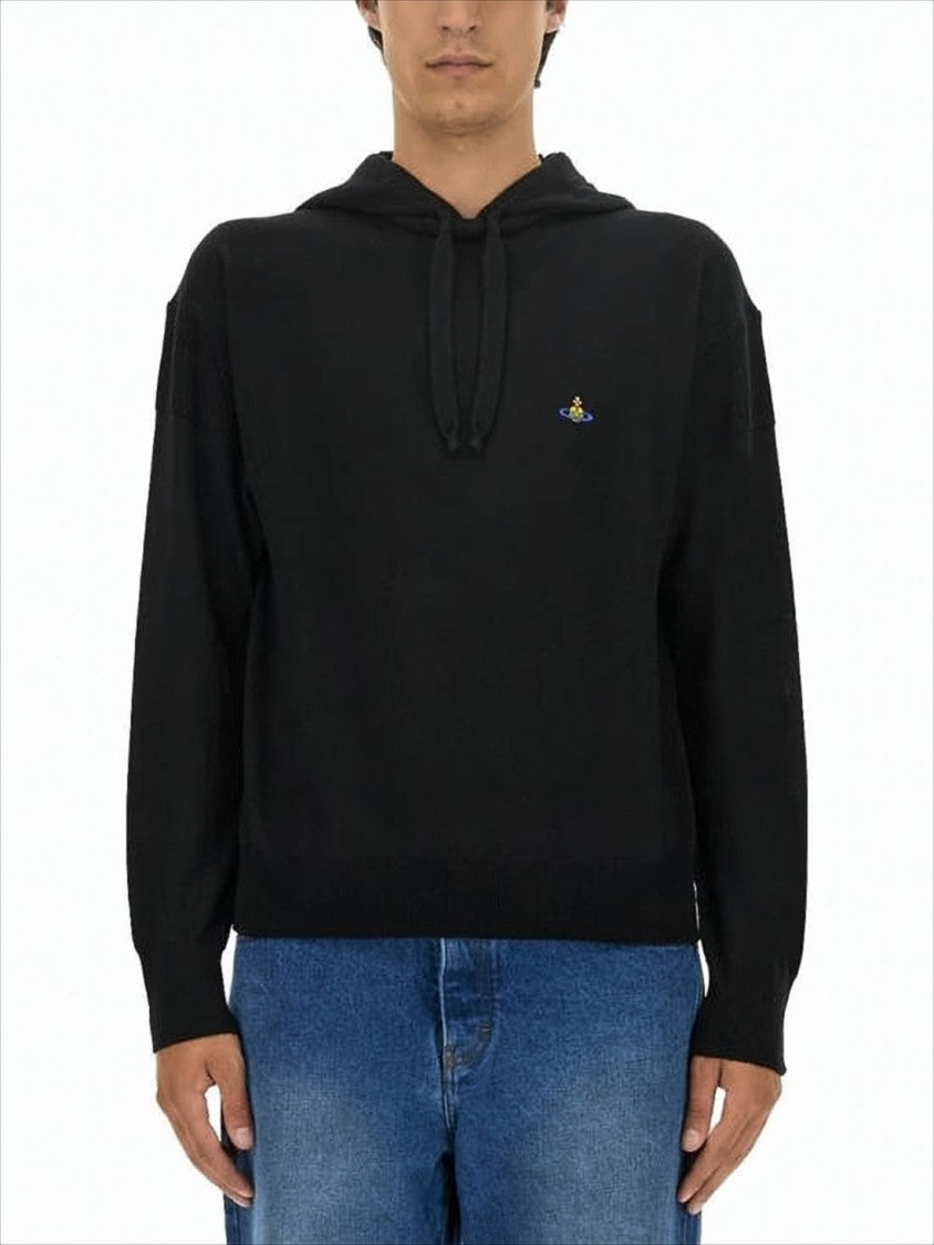 Relaxed-Fit Black Wool Hoodie with Drawstring Hood
