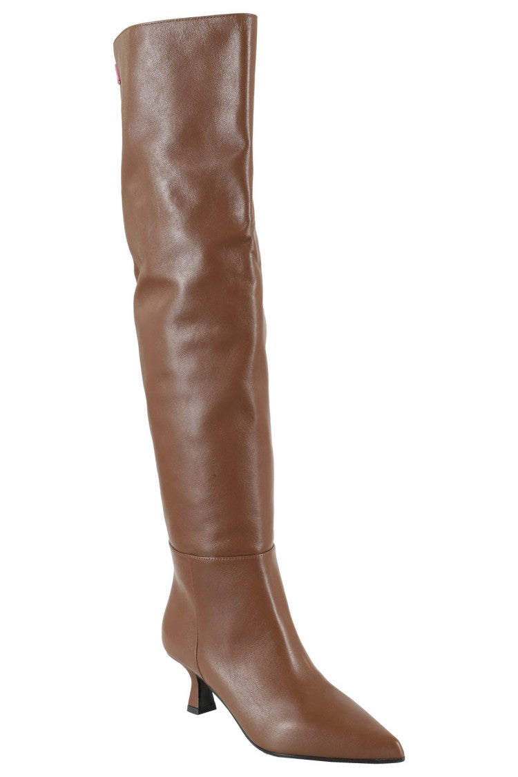 Knee-Length Brown Leather Boots With Pointed Toe