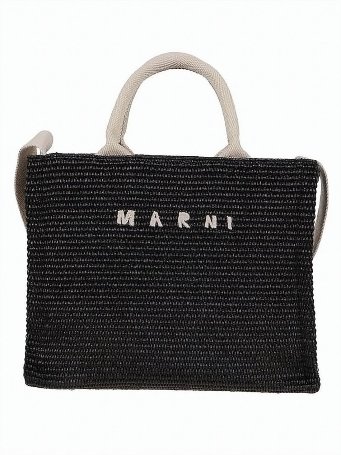 Textured Black Woven Tote Bag with Beige Handles