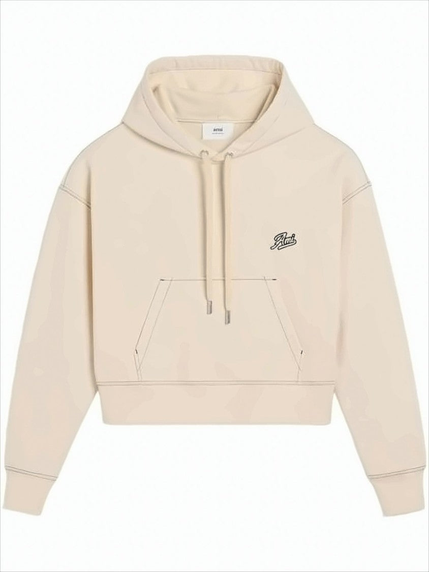 Cropped Hoodie with Drawstring and Embroidered Logo Detail