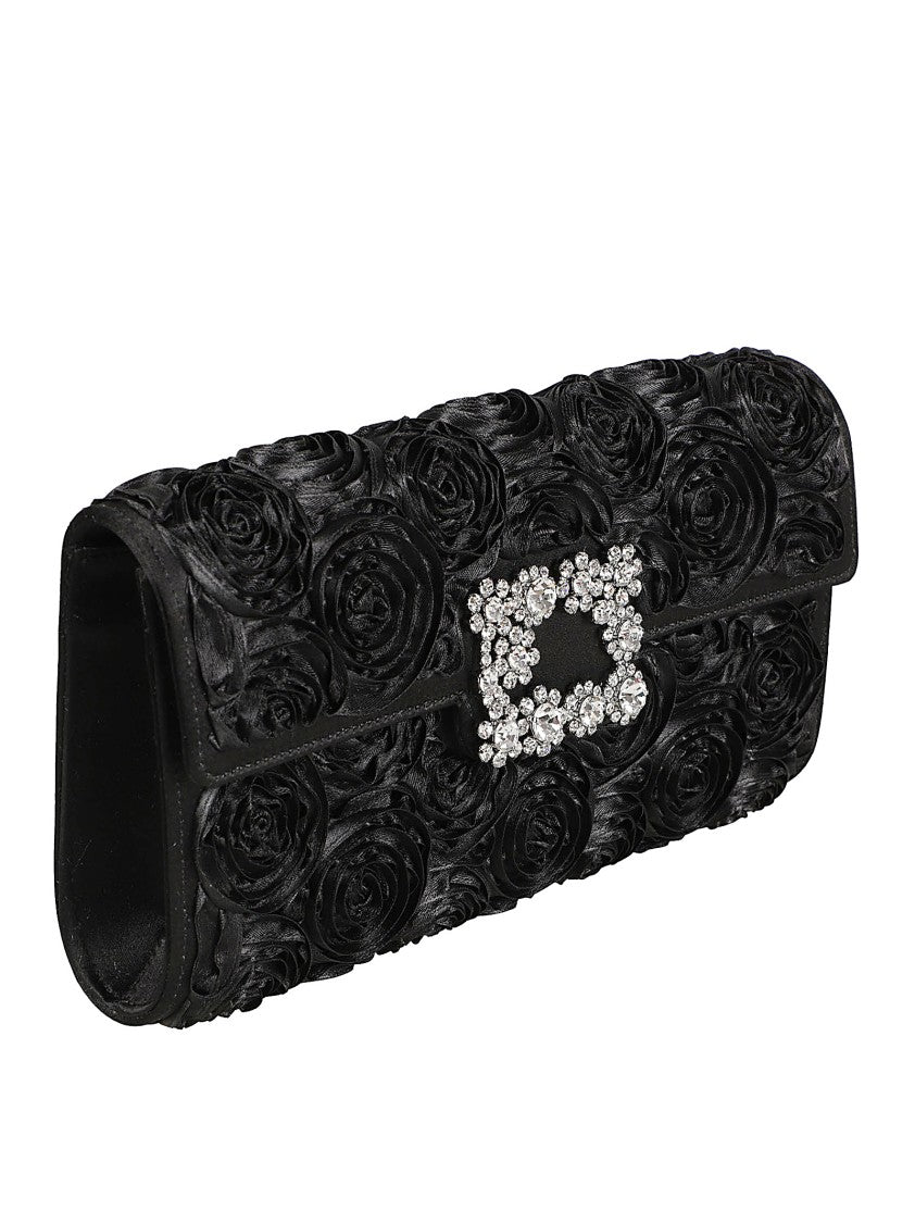 Rectangular Black Clutch Bag With Rosette Appliqués