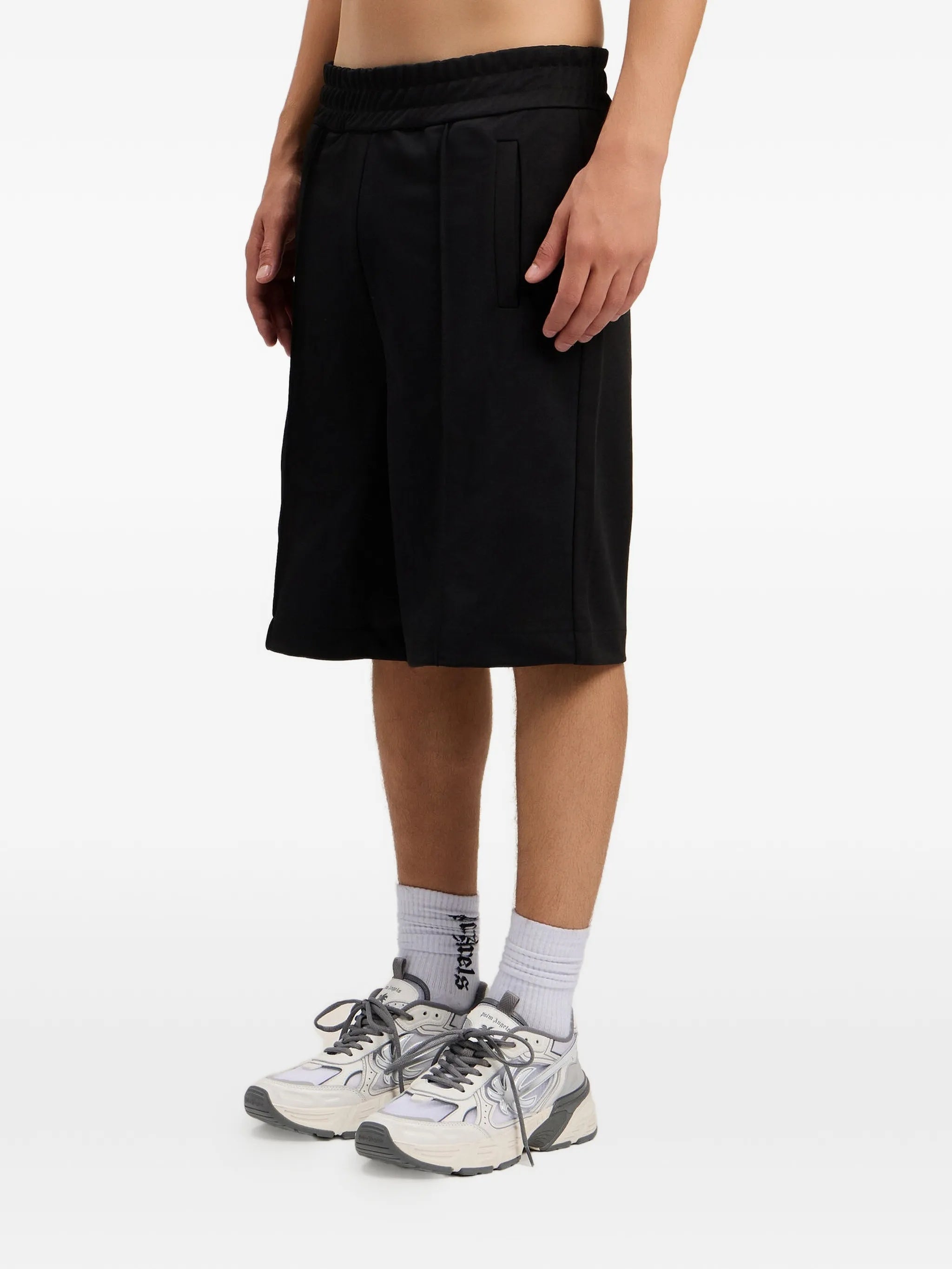 Mid-Length Black Track Shorts With Curved Logo Print