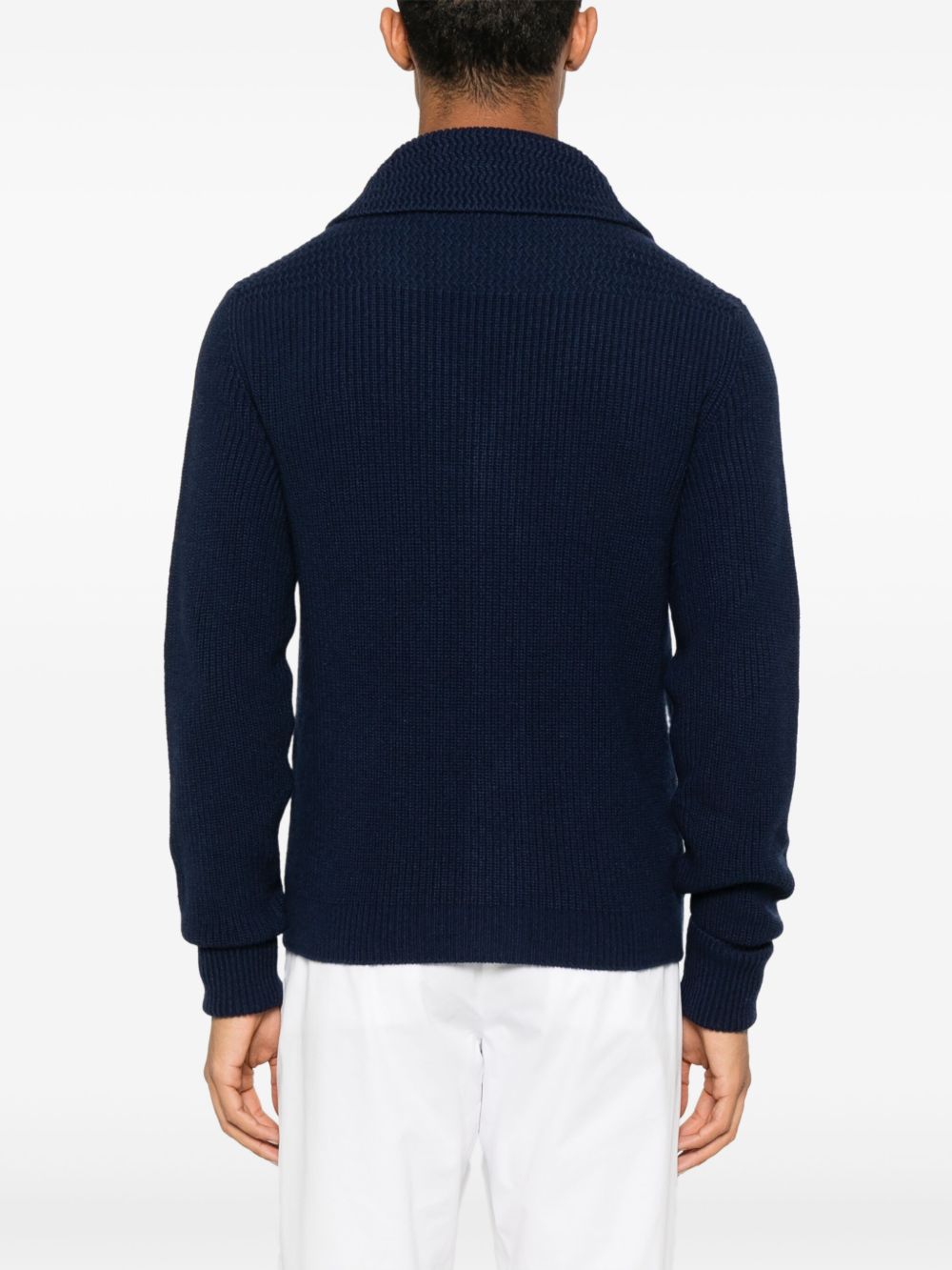 Navy Blue Cashmere Cardigan With Shawl Collar