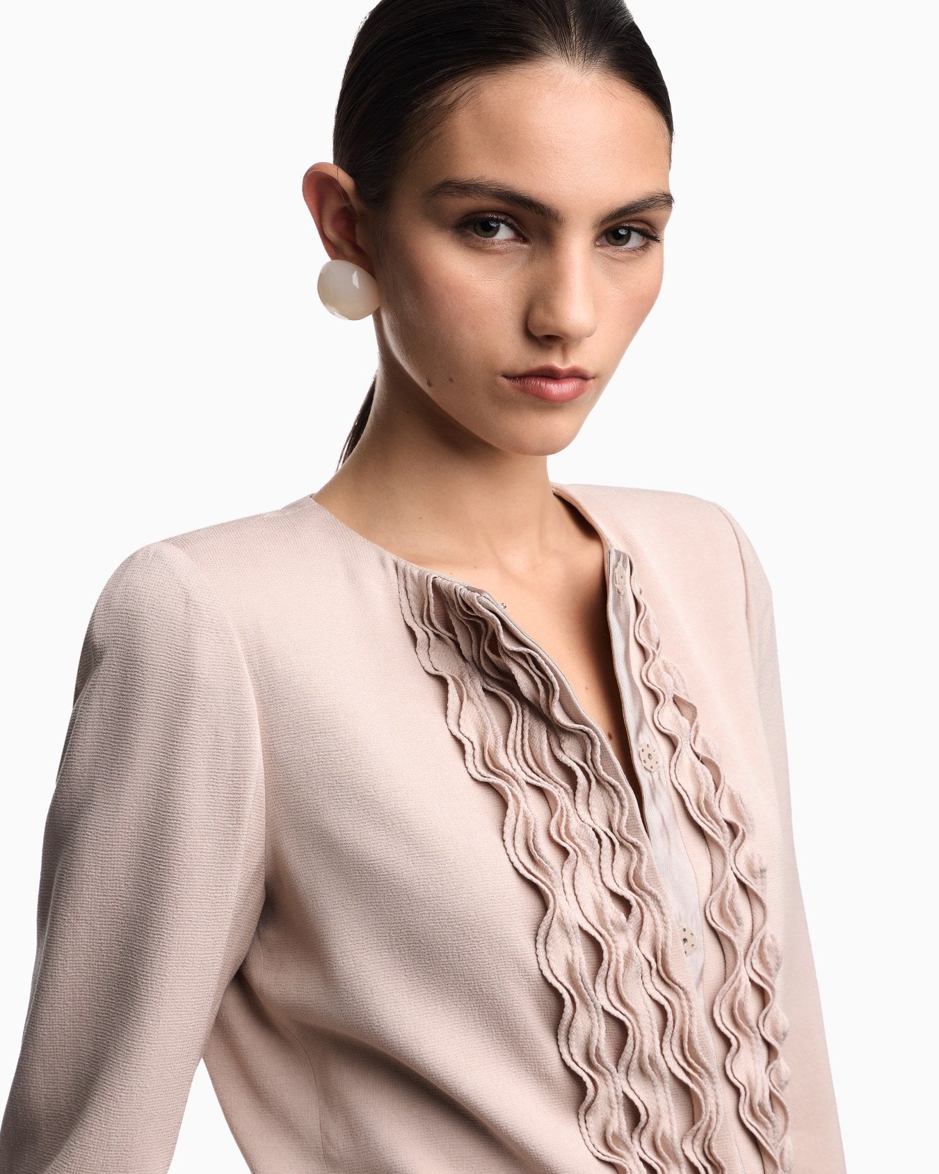 Textured Weave Fabric Ruffled Fitted Jacket