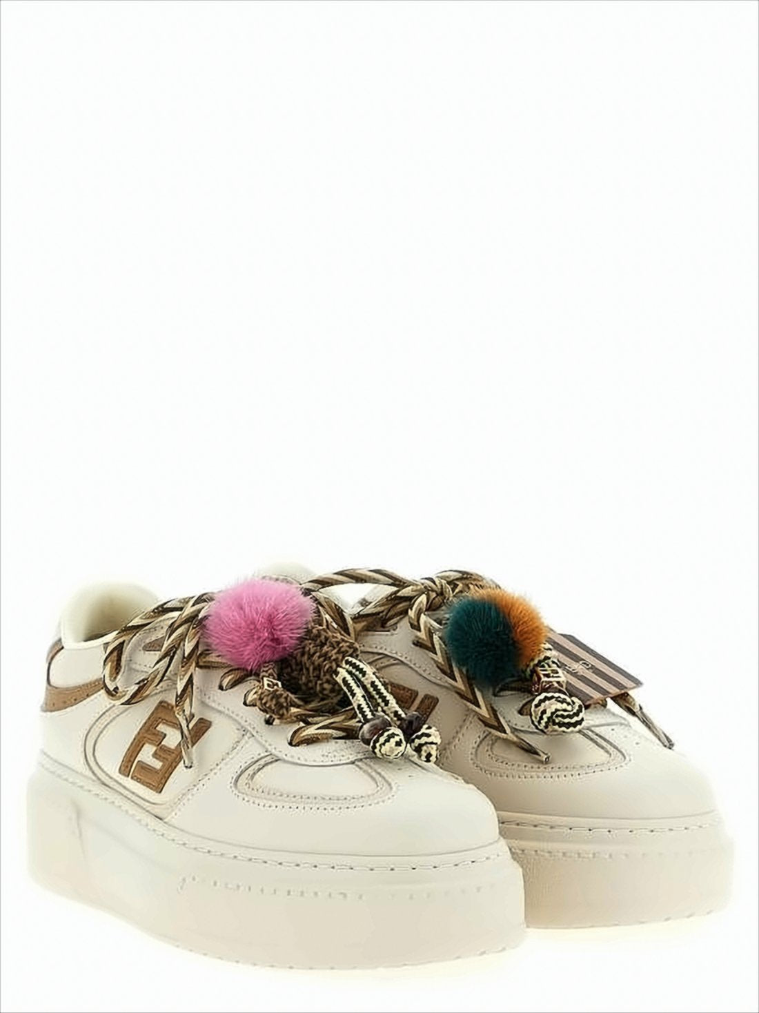 Creamy Leather Sneakers with Colorful Pom-Poms
