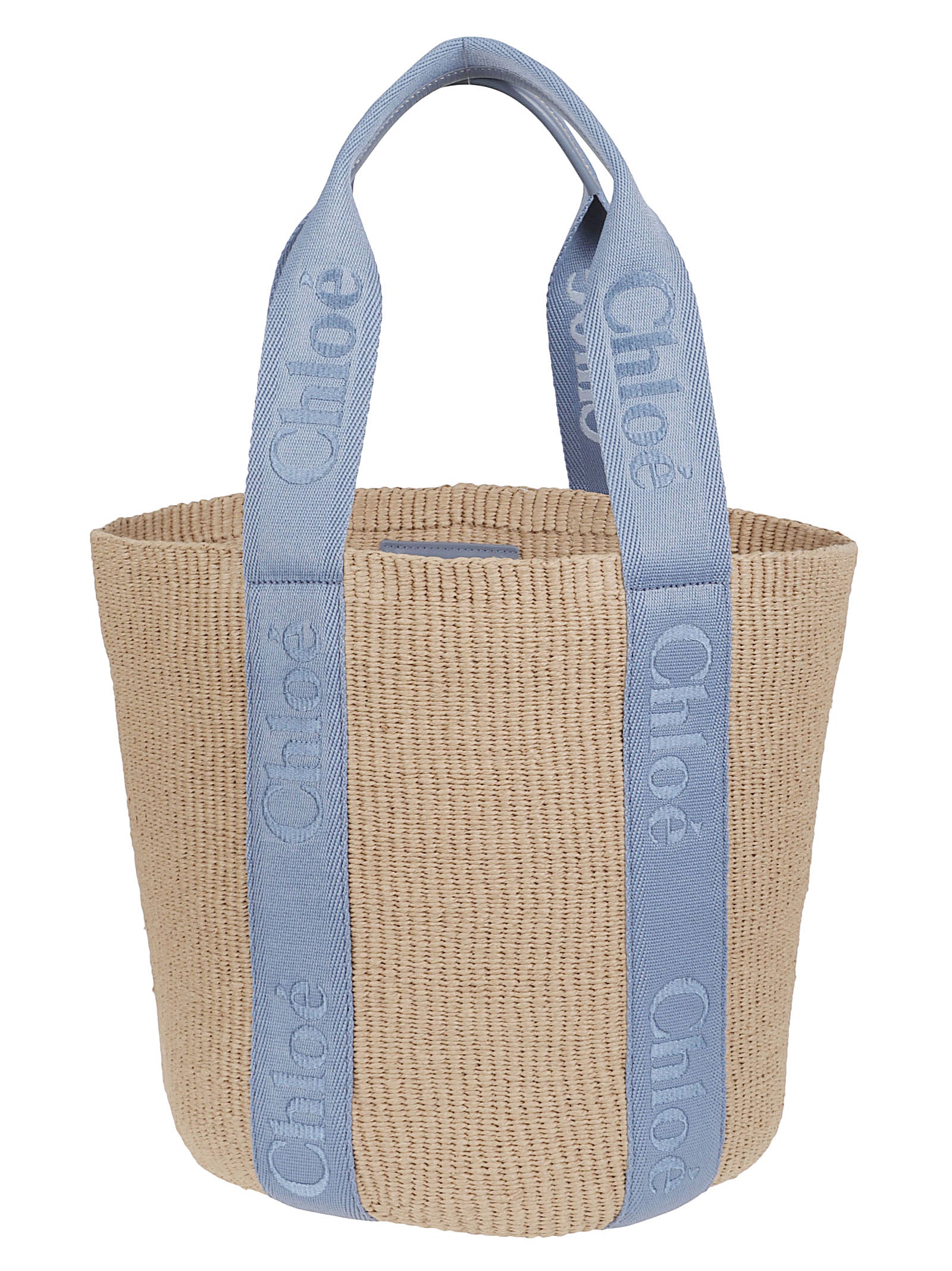 Woven Basket-Style Bag with Light Blue Handles and Embossed Branding