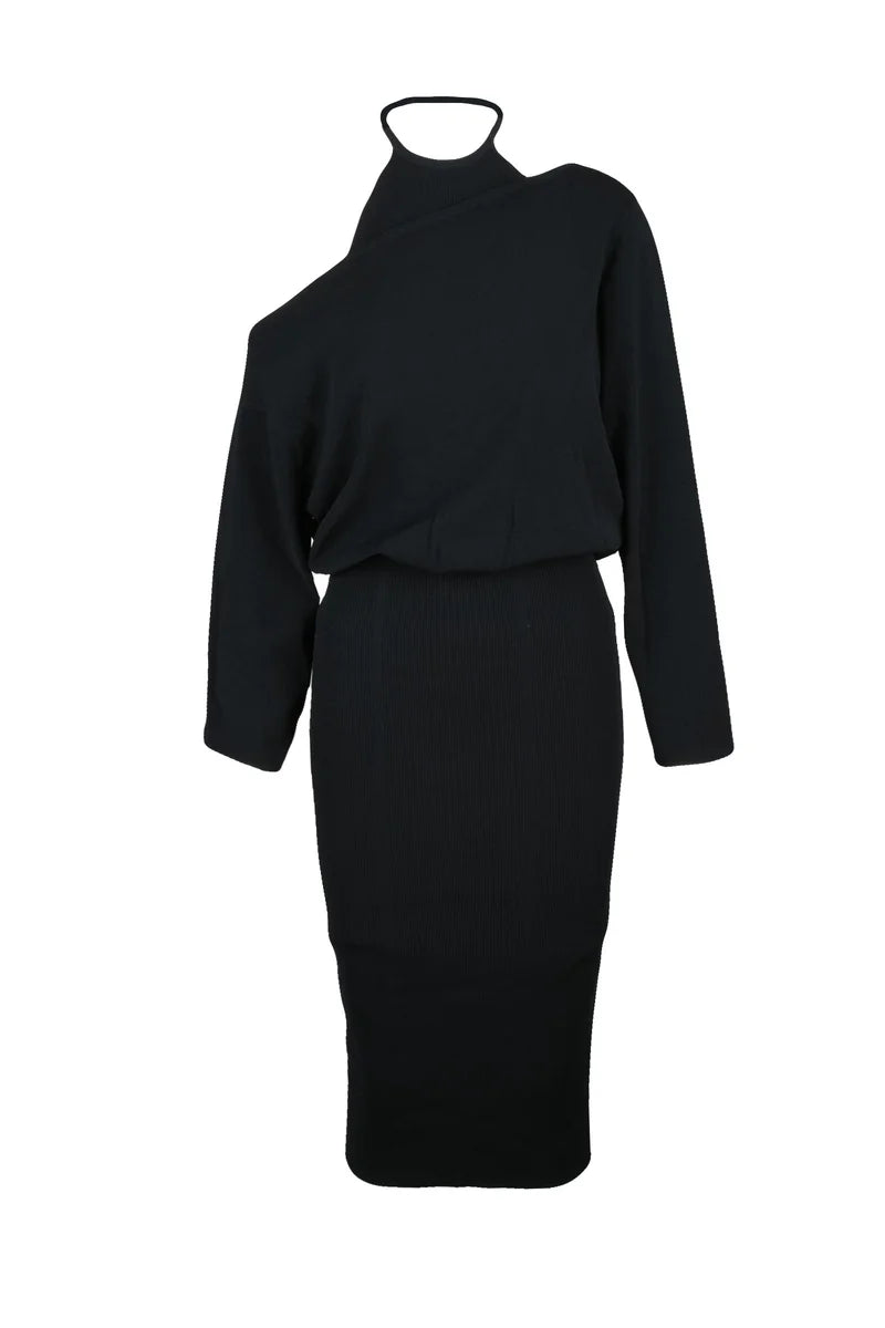 Jeans Long Asymmetric Jersey Dress - Black
