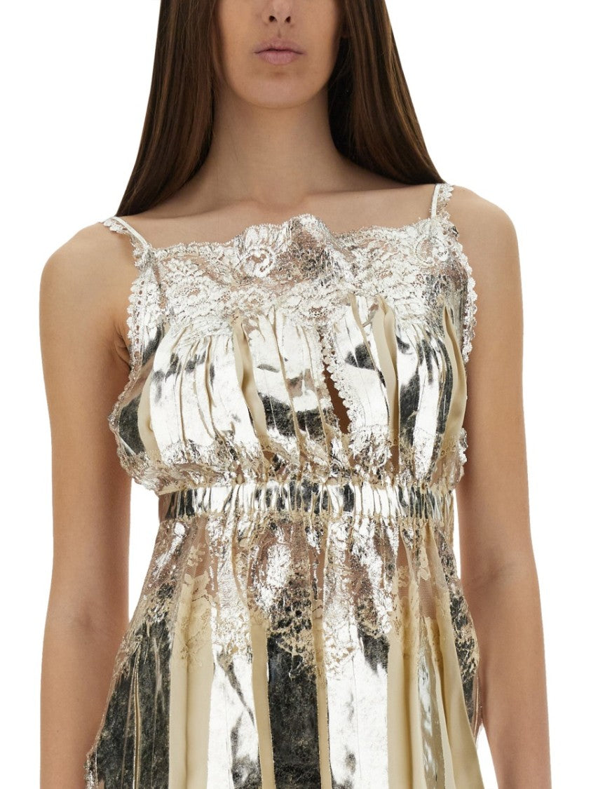 Laminated Pleated Satin Top With Lace Detail