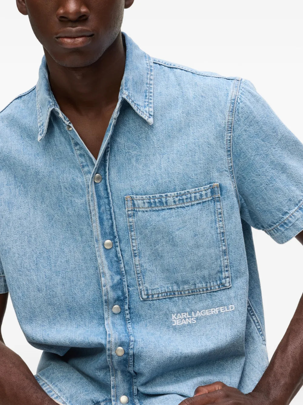 Light Blue Denim Short-Sleeve Shirt with Classic Collar