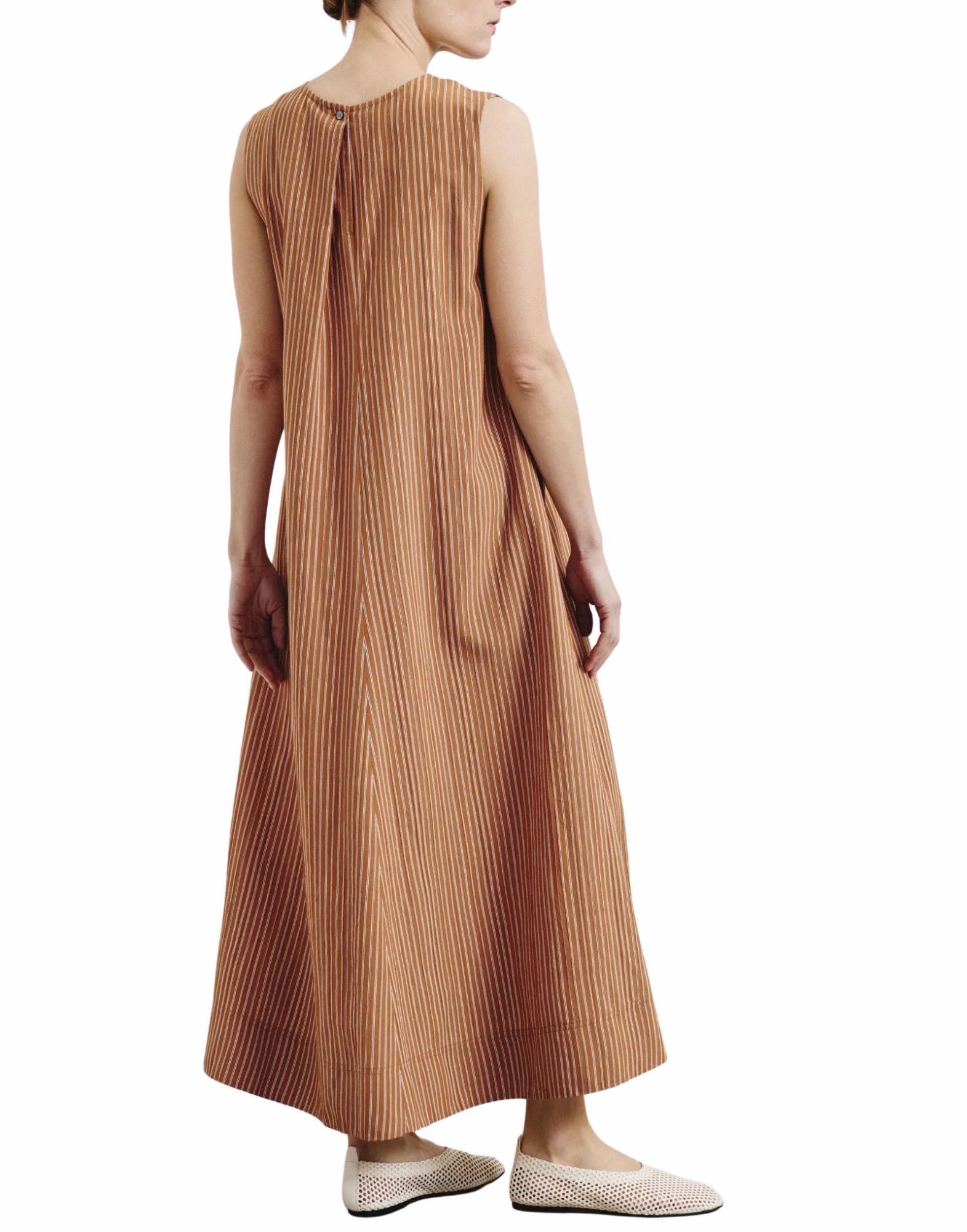 Long Striped Technical Viscose Dress In Apricot