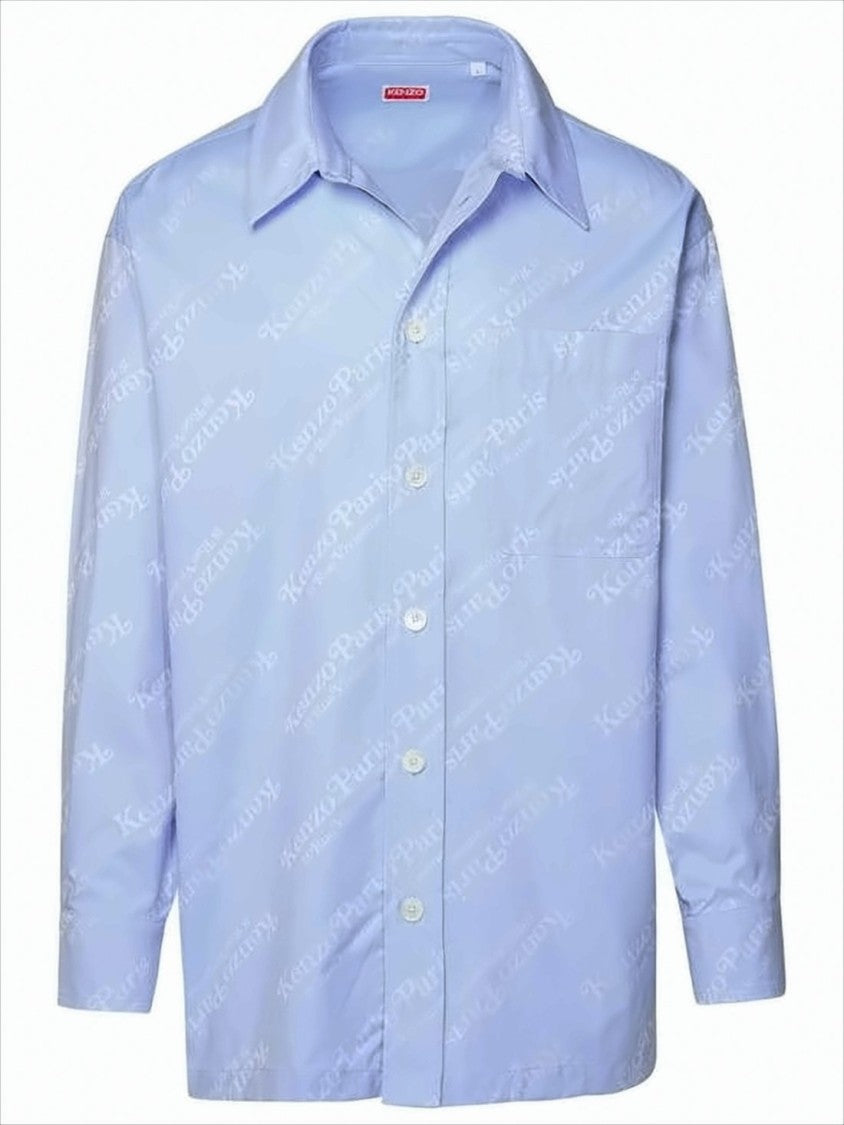 Long-Sleeve Cotton Shirt With Tonal Logo Print And Classic Collar