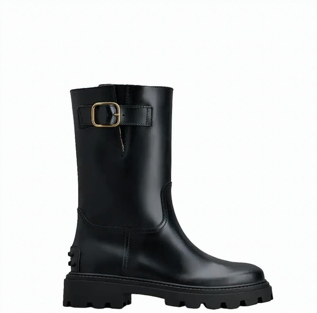 Mid-Calf Black Calfskin Boots With Sole