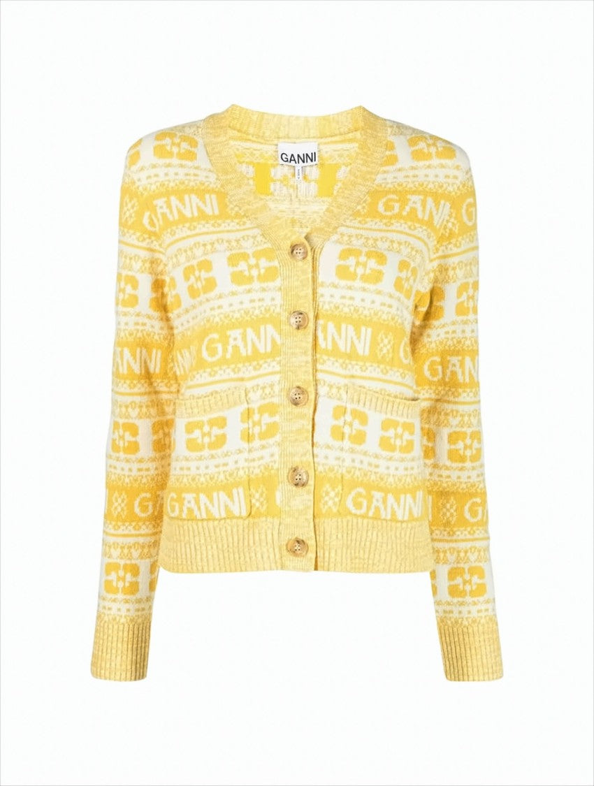 Cropped V-Neck Cardigan with Logo Motifs and Geometric Designs