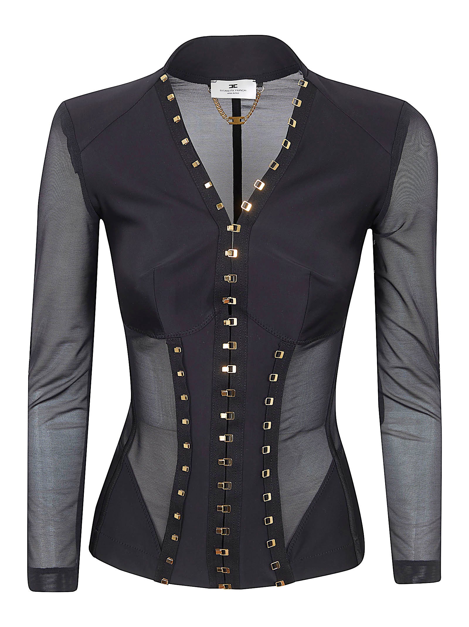 Structured Fitted Jacket with Sheer Mesh Sleeves