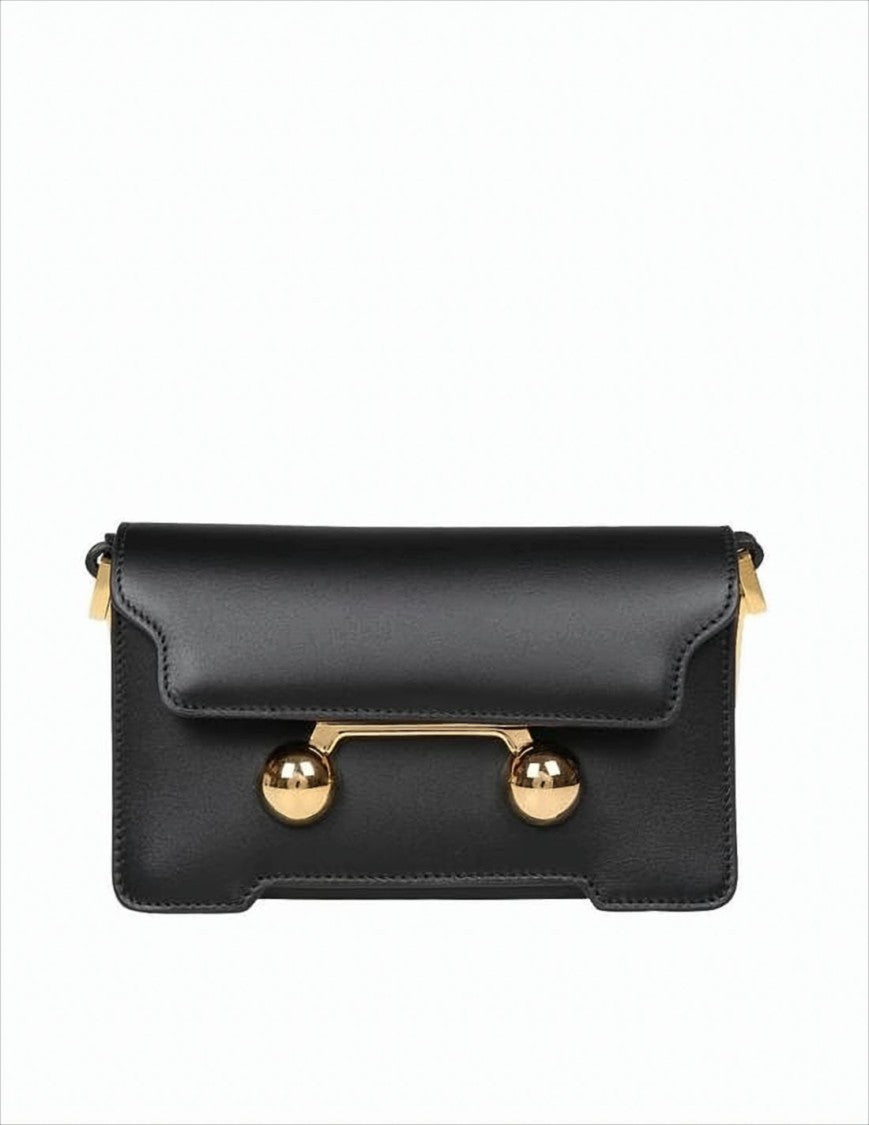 Structured Black Leather Shoulder Bag with Gold-tone Accents
