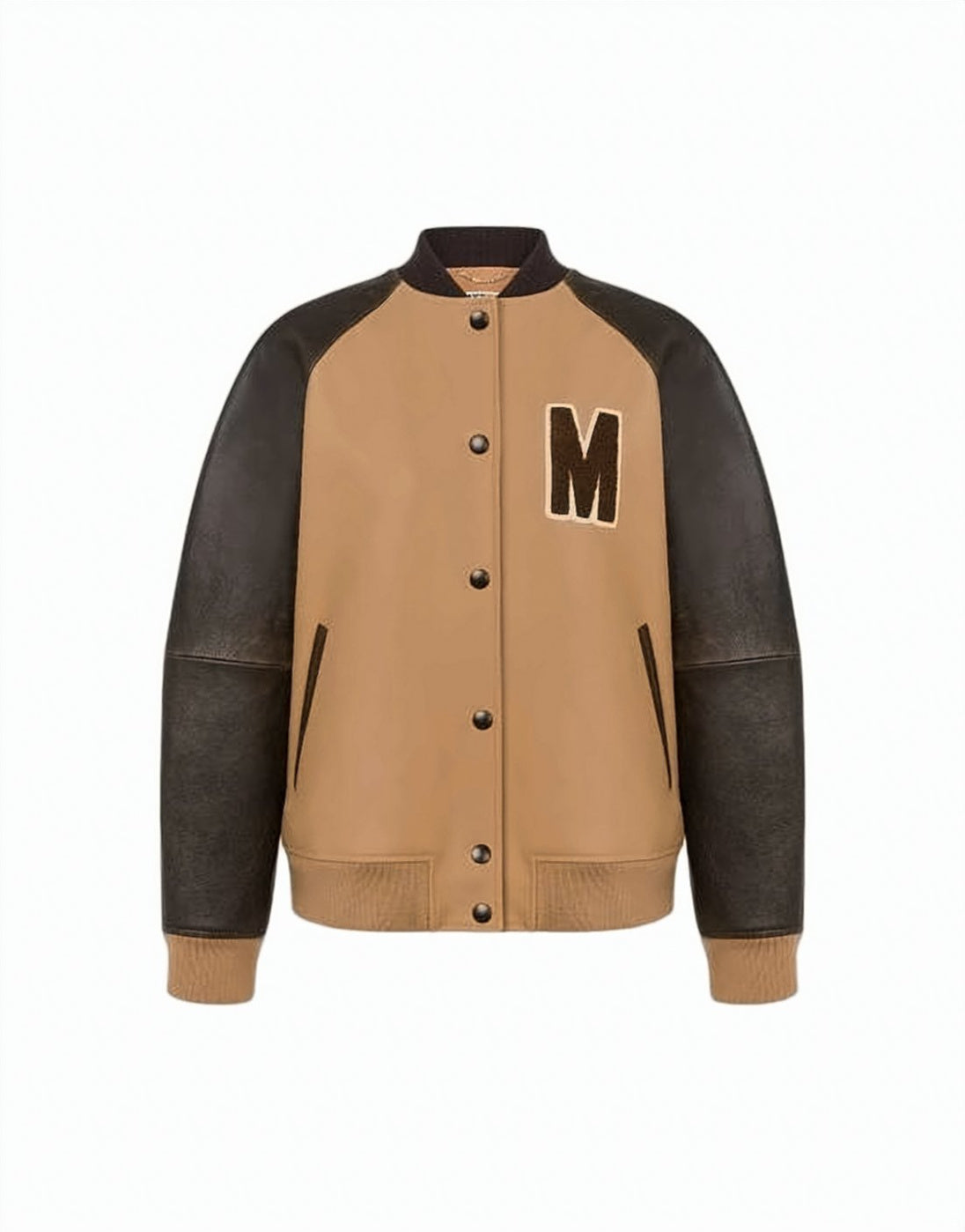 Camel Wool and Dark Brown Leather Bomber Jacket