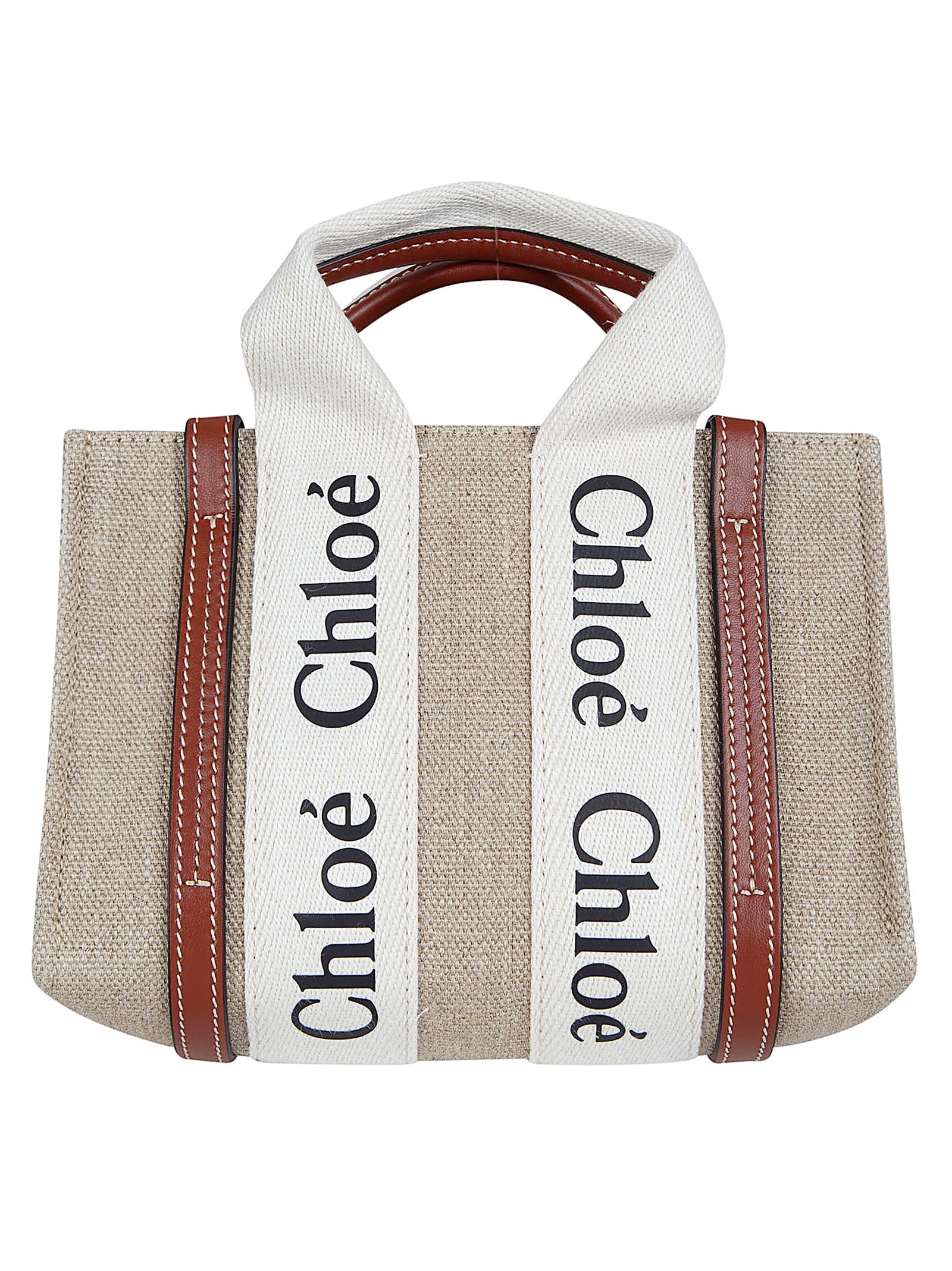 Structured Rectangular Bag in Textured Beige Fabric with Leather Trim