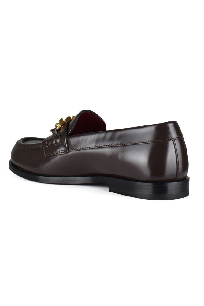 Brown Leather Loafers with Gold Chain Detail