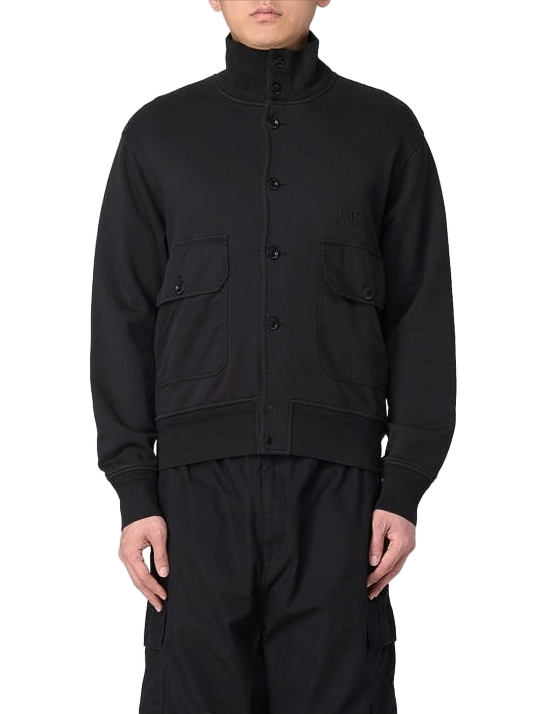 Minimalistic Black Cotton Cardigan with High Collar