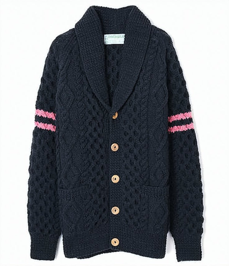 Textured Wool Cardigan with Shawl Collar and Bold Stripes