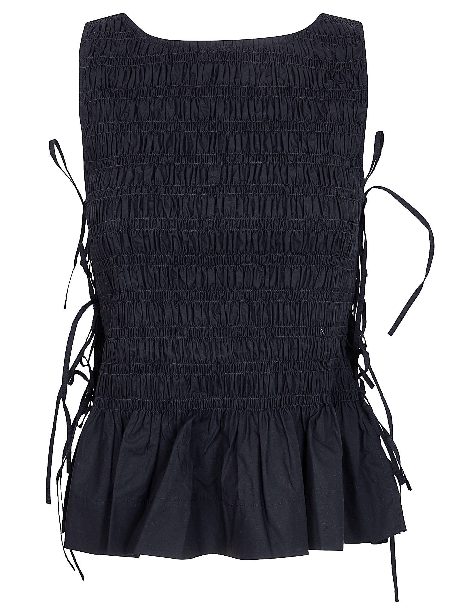 Textured Black Cotton Poplin Top with Ruched Details