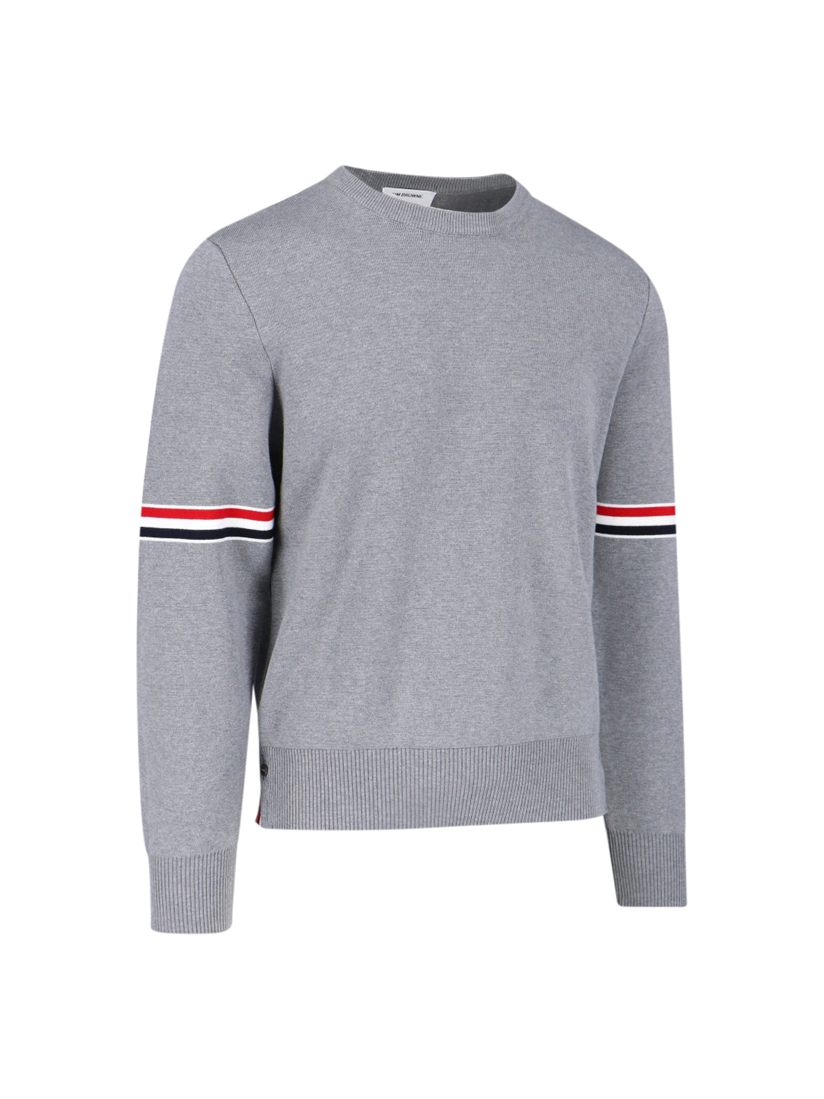 Grey Cotton Crewneck Sweater With Tricolor Grosgrain Highlights
