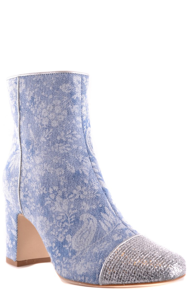 Textured Blue Ankle Boots With Block Heel