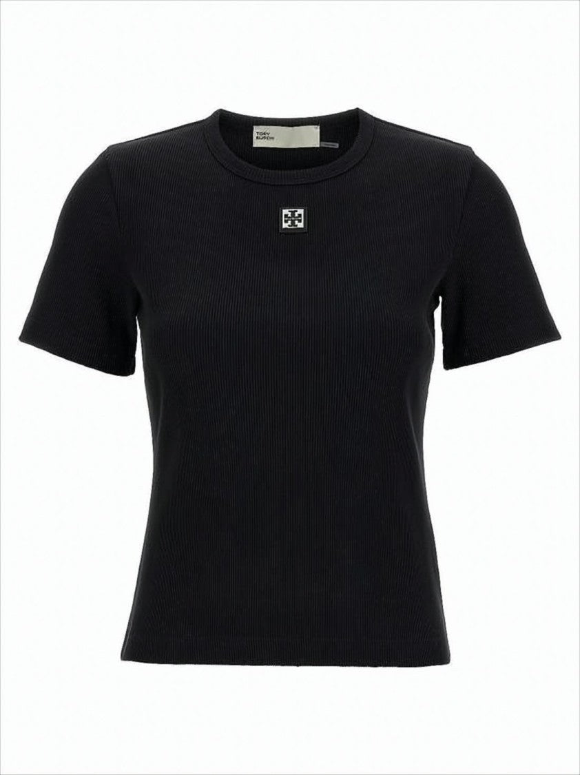 Ribbed Knit Short-Sleeved Top with Logo Patch