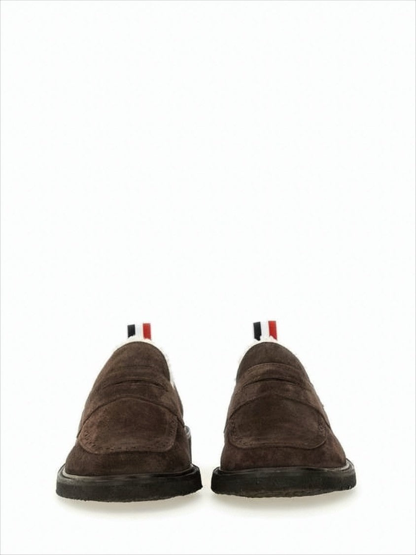 Dark Brown Suede Loafers with Shearling Lining and Tricolor Detail