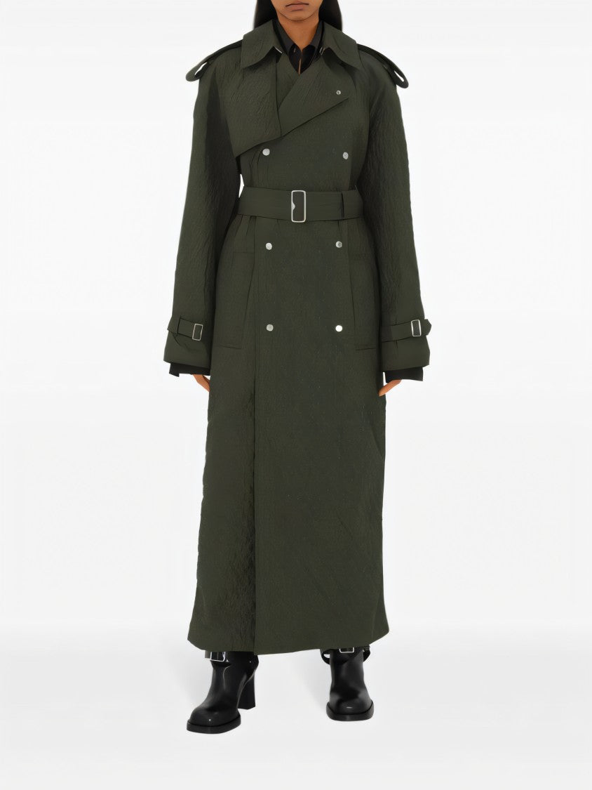 Quilted Green Long Coat with Belted Waist