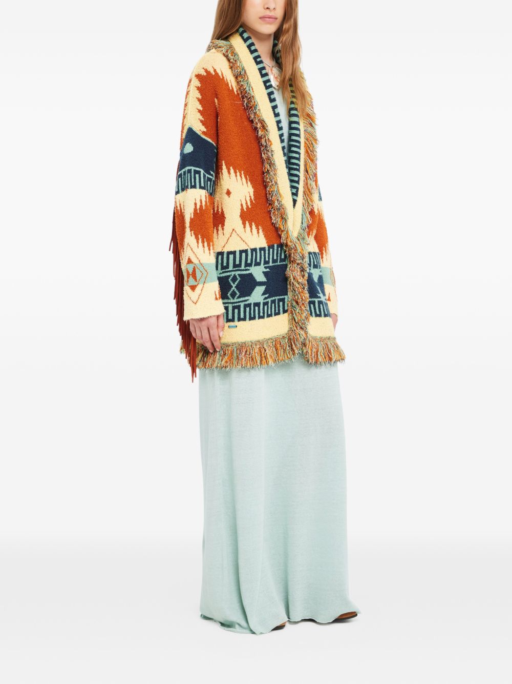 Geometric Patterned Cardigan With Shawl Collar