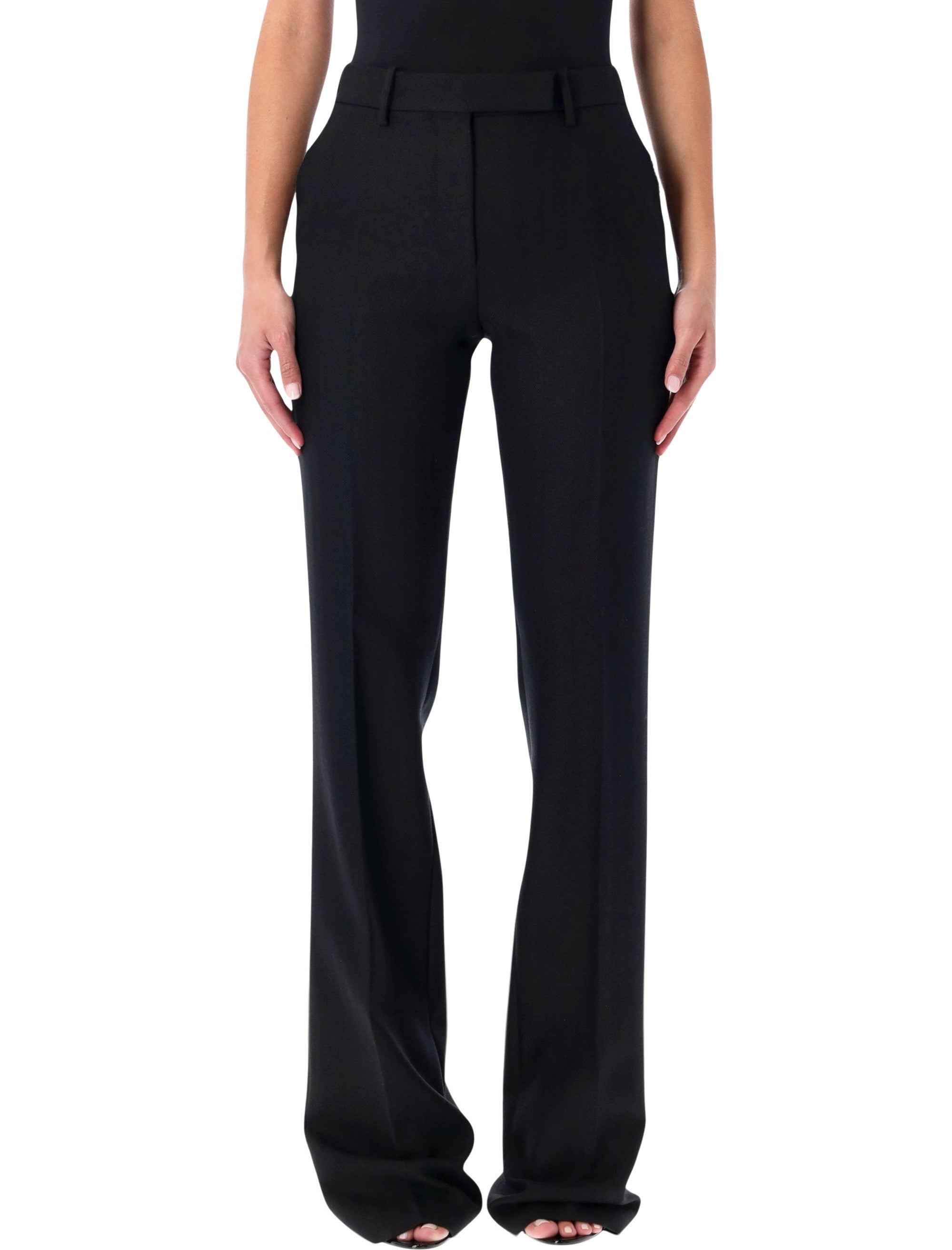 Black Tailored Straight-Leg Trousers In Herringbone Wool