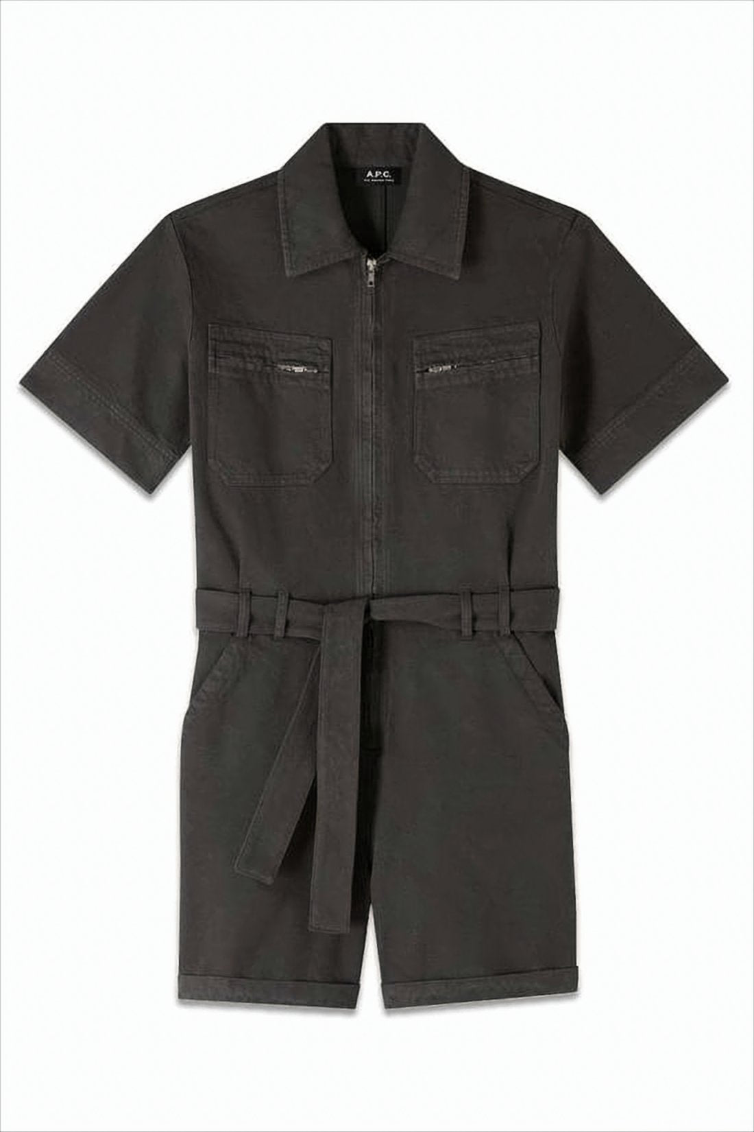 Black Short-Sleeved Jumpsuit with Zippered Pockets