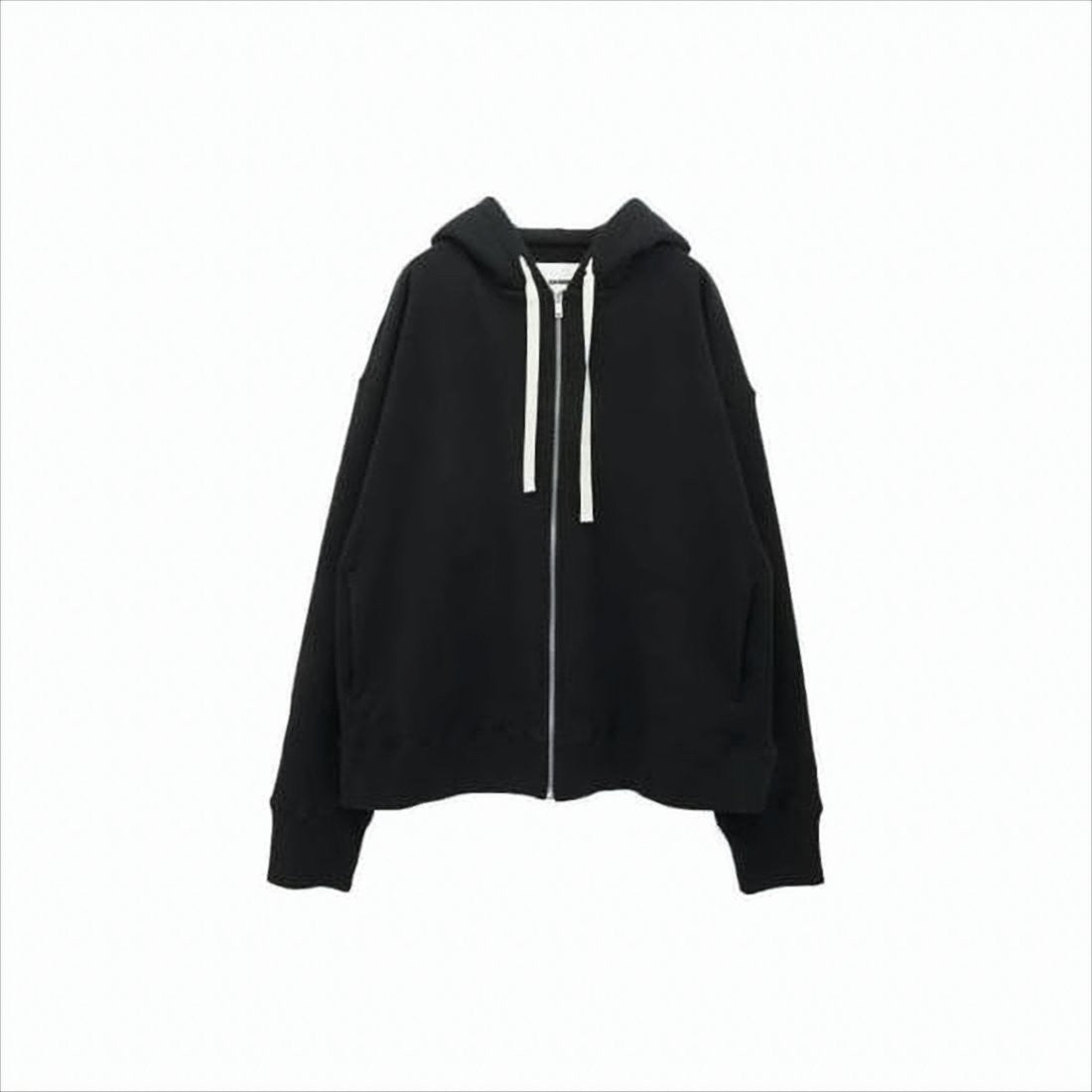 Black Minimalist Zip-Up Hoodie with Drawstring Hood and Ribbed Cuffs