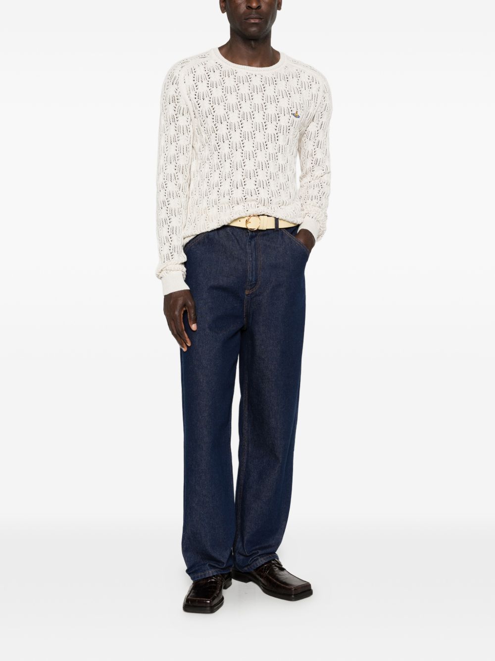 White Openwork Knit Orb Round Sweater