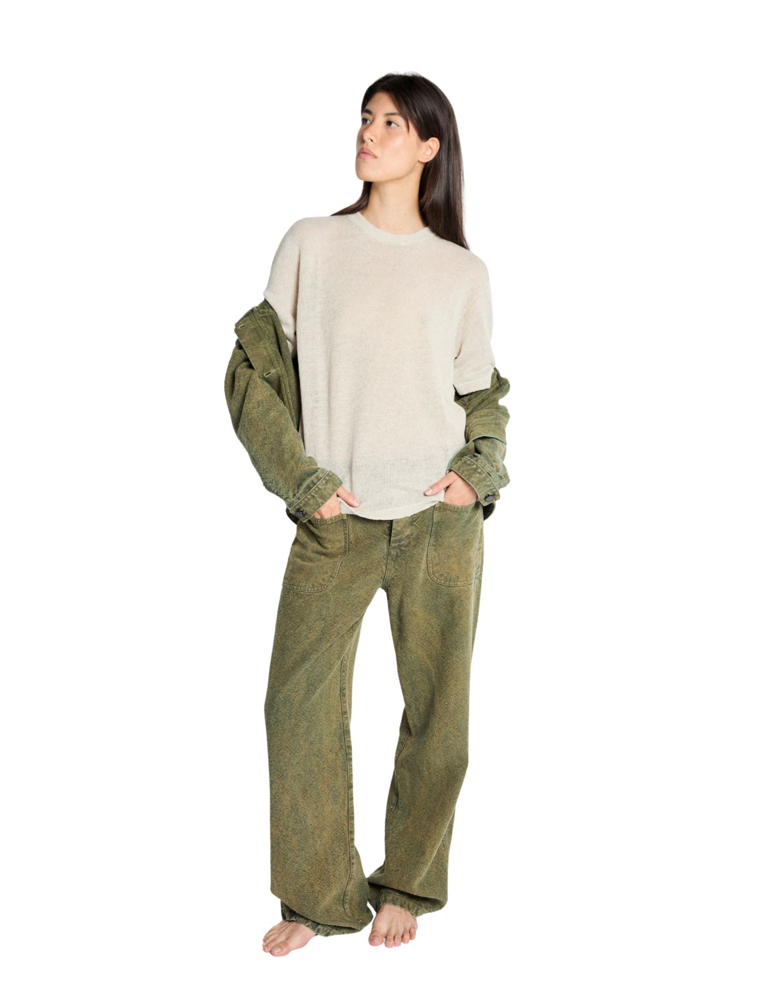 Cream Hemp Knit Garment Dyed T-Shirt
