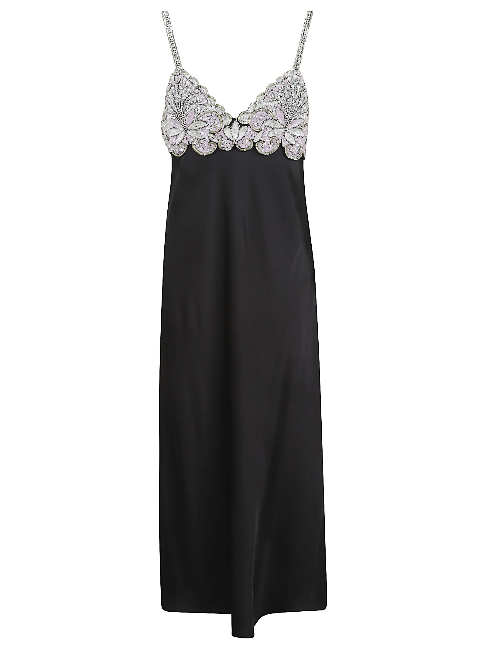 Floral Embellished Black Leather Midi Dress
