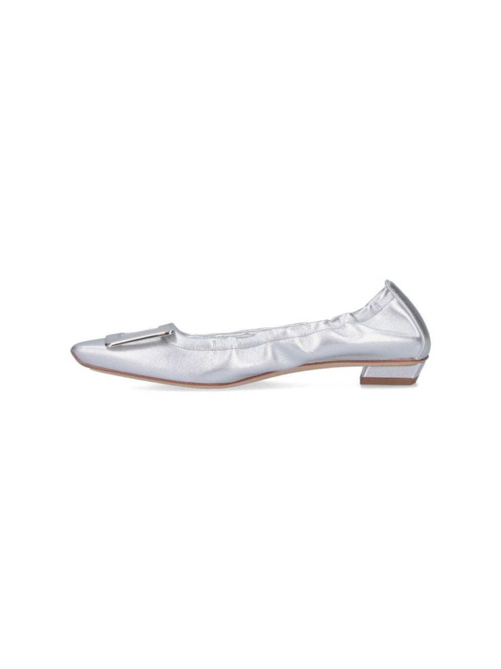 Metallic Silver Leather Ballerina Flats With Draped Detailing