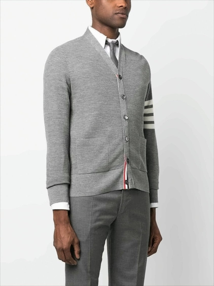 V-Neck Hand-Knitted Grey Wool Cardigan with Signature Stripes