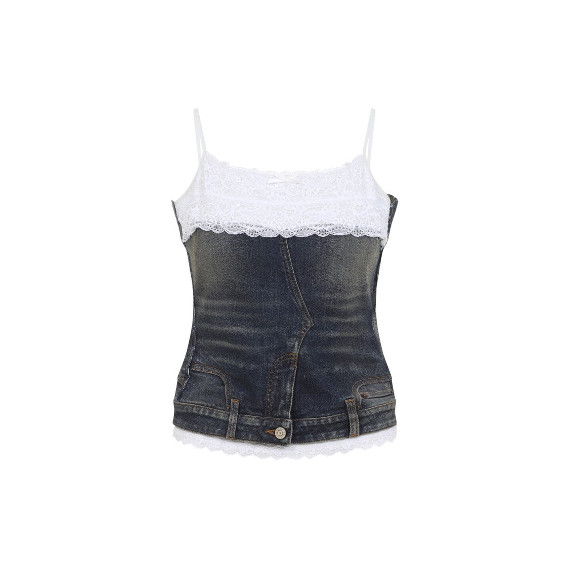 Fitted Denim-Inspired Top With Lace Trim And Spaghetti Straps