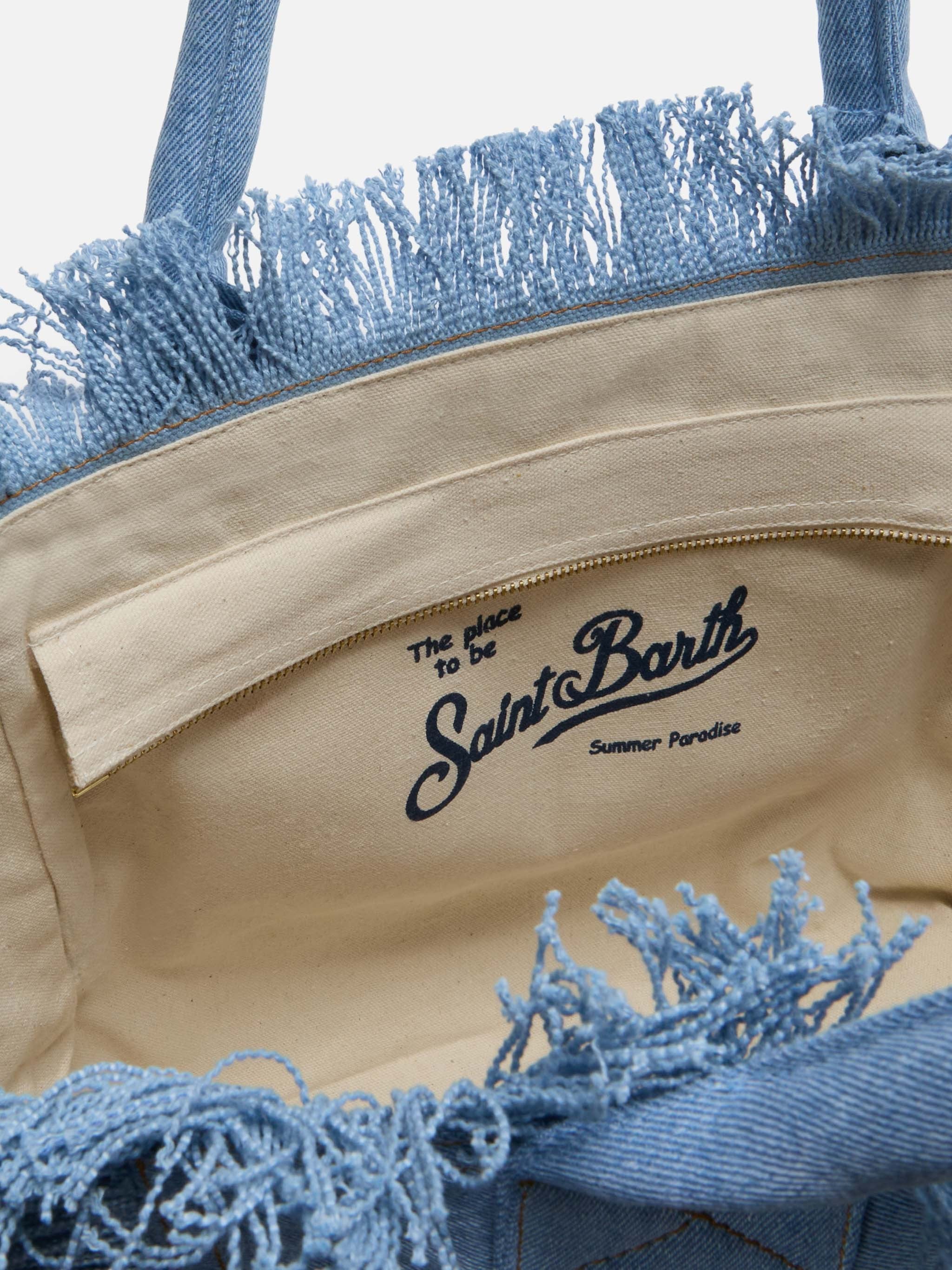 Light Blue Denim Tote Bag with Fringed Edges
