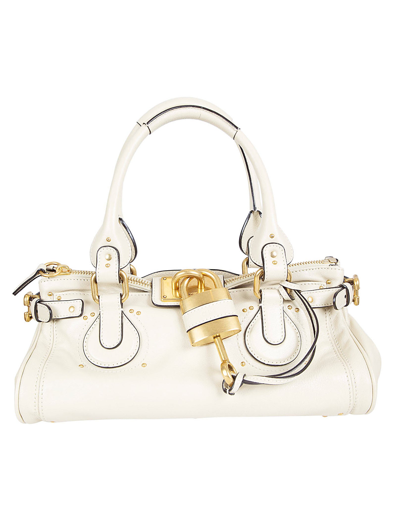 Structured White Leather Handbag with Golden Accents and Versatile Carry Options