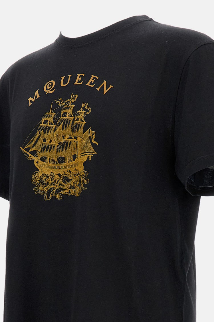 Crewneck T-Shirt With Gold Ship Graphic