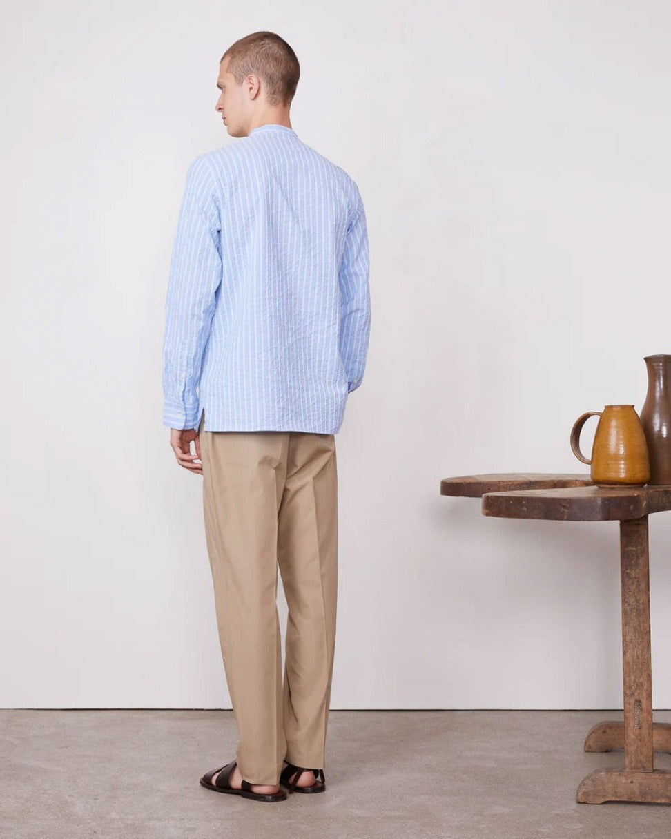 Band Collar Shirt With Gathered Pleats
