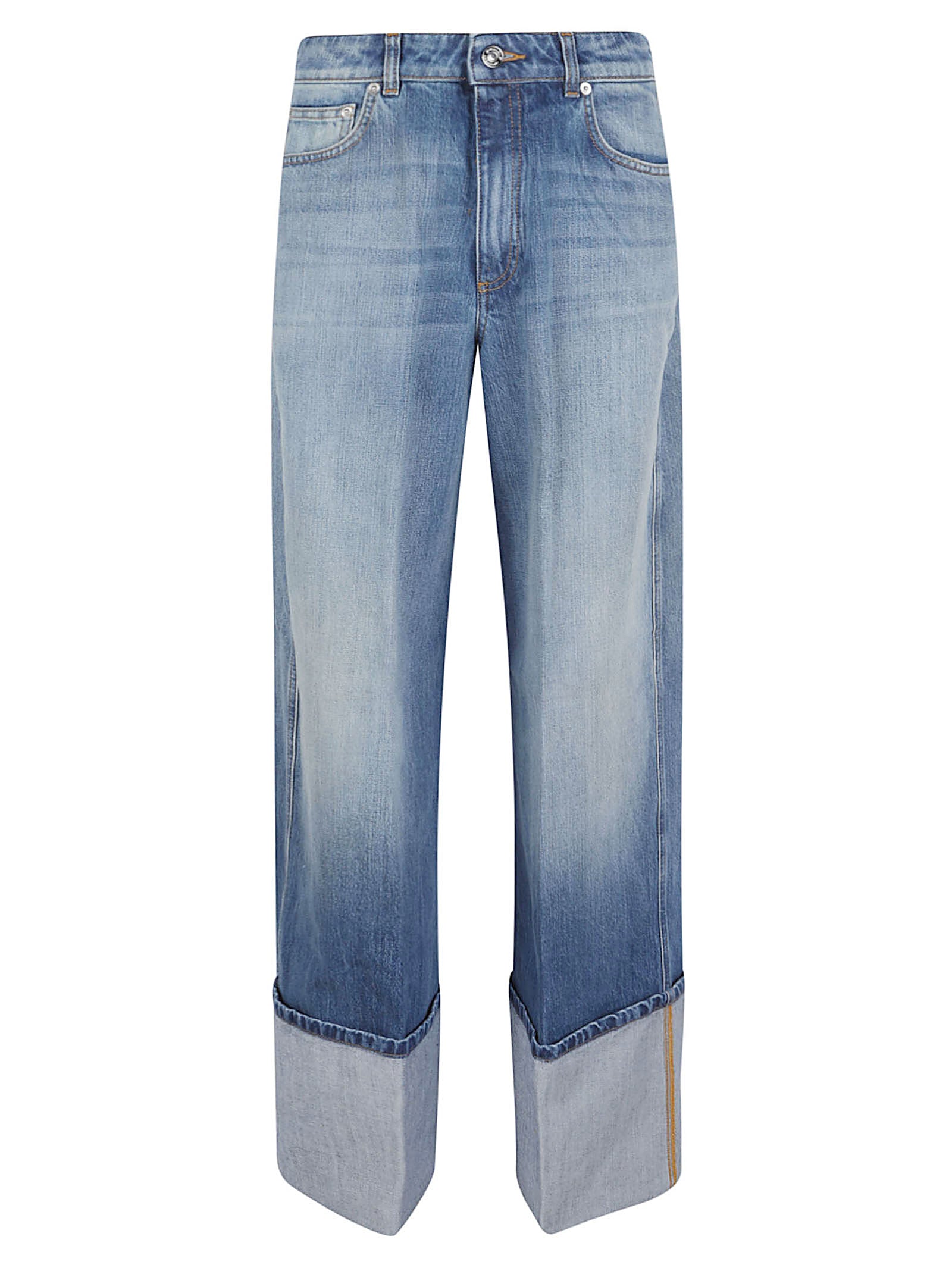 Medium-Wash Blue Denim Jeans with High Waist and Wide Leg Silhouette