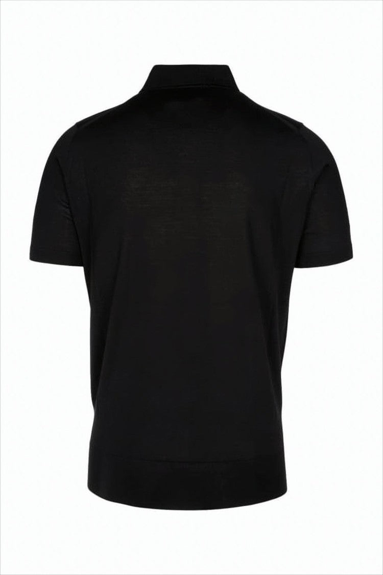 Classic Black Wool Polo Shirt with Three-Button Placket