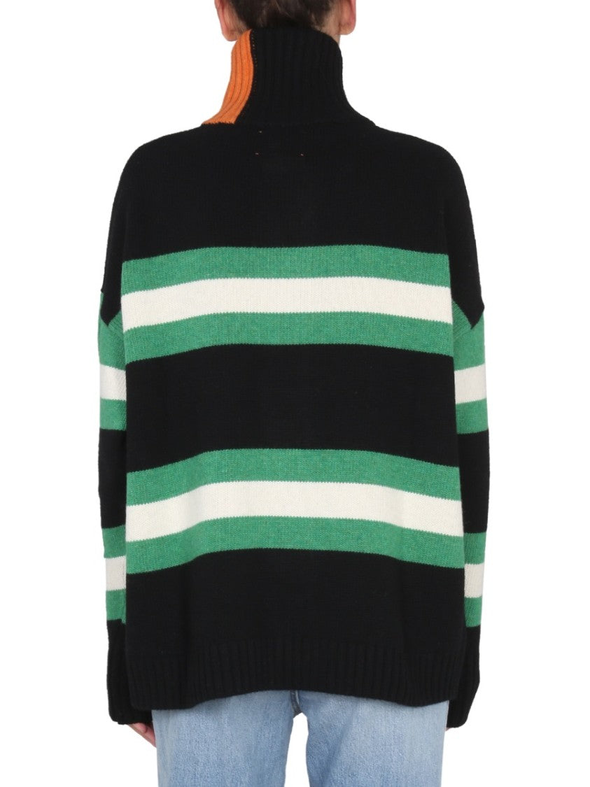 High Neck Button Closure Striped Cardigan