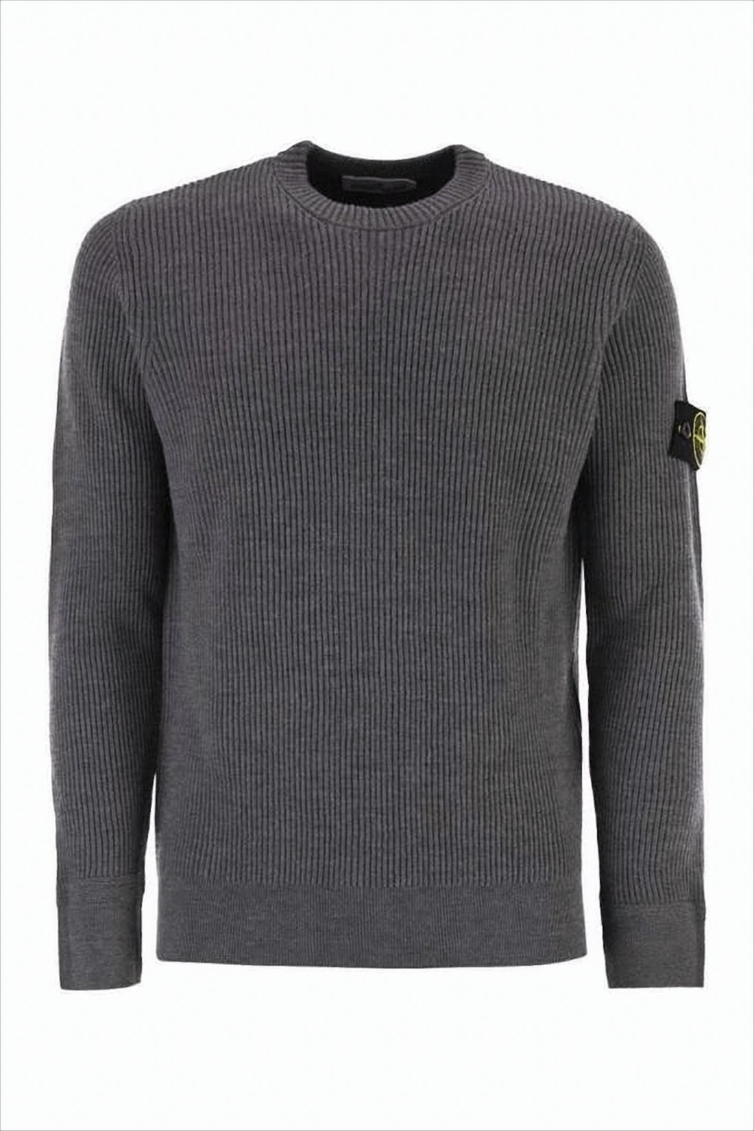Ribbed Wool Knit Sweater with Patch Detail